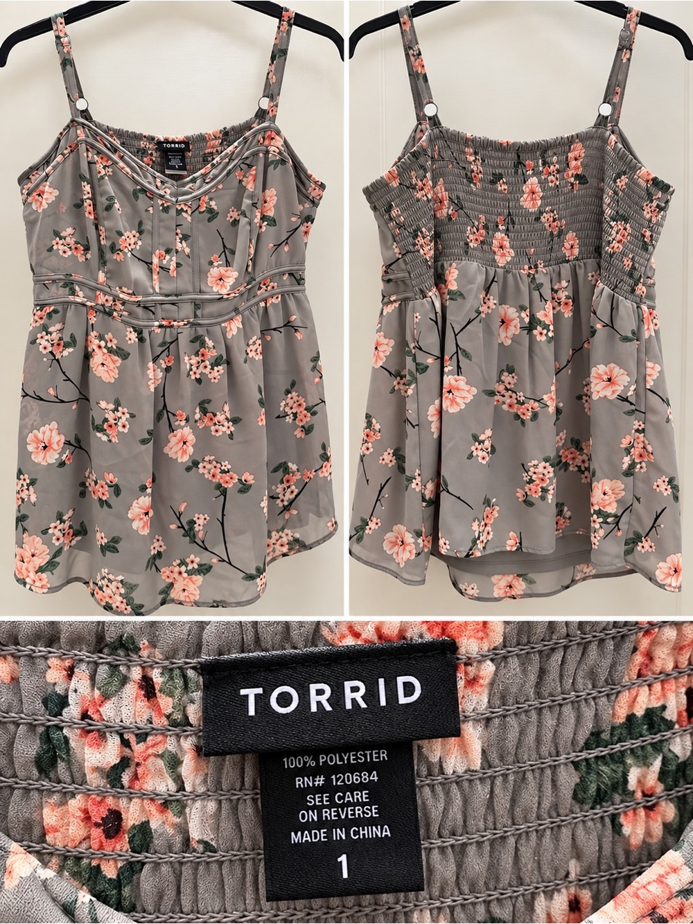 NWOT Torrid Gray Floral Smocked Cami Tank Top Size 1 (women’s 14/16)